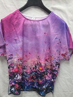 Women's Purple Gradient Floral Print Short Sleeve Top